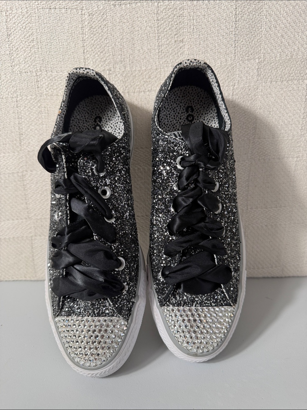 Converse All Star 8 Glitter n Sequin Sneakers Black Silver Women Ribbon Ties